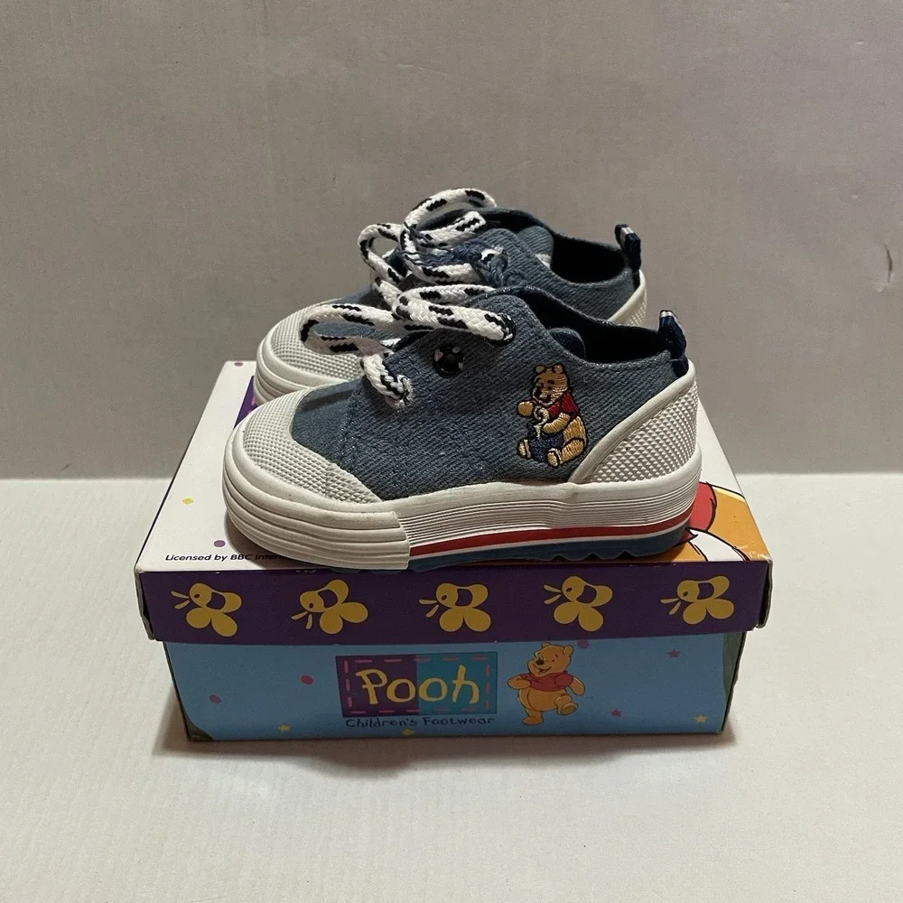 90s Vintage DISNEY Winnie the Pooh Denim Canvas Baby Shoes Embroidered Size 3